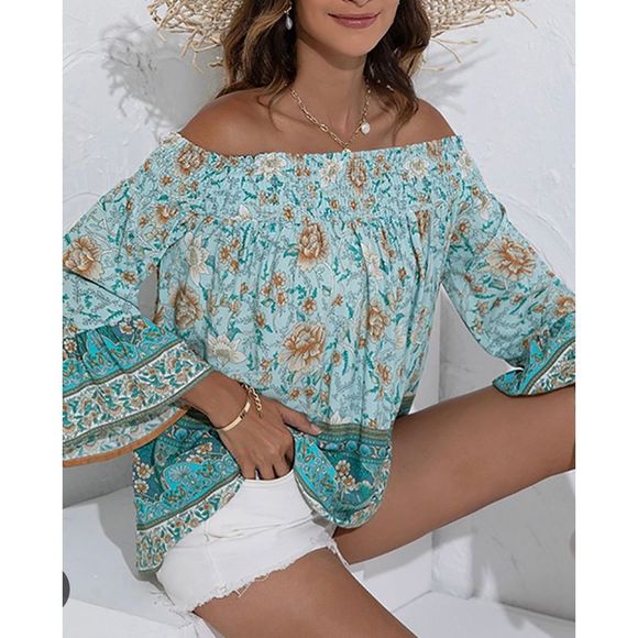 Danqi Tops - DANQI Woman Green Floral Bell- Sleeve Off Shoulder Blouse, Size XL